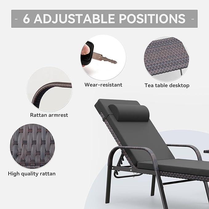 3 Pieces Patio Chaise Lounge Set Outdoor PE Rattan Armrest Lounge Chair Adjustable Backrest Reclining Chair with - Photo 4