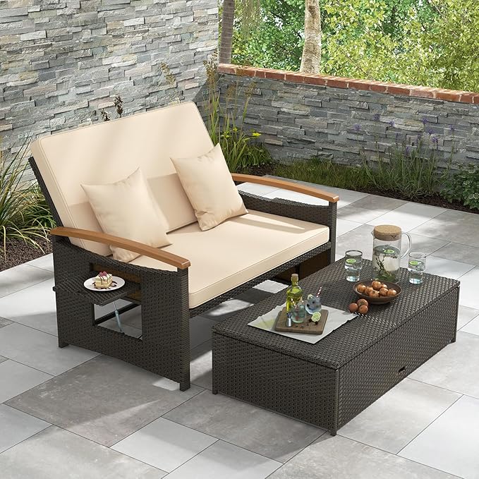 LDAILY Moccha Outdoor Wicker Daybed, Patio Rattan Loveseat Sofa w/ 4-Level Adjustable Backrest, Folding Panels, Storage Ottoman & Cushions, Lounge Furniture Set for Poolside Backyard Porch (Beige)