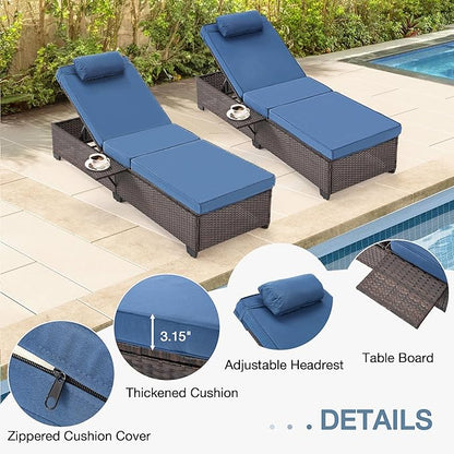 HOMREST PE Wicker Chaise Lounge Chairs Set of 2,Adjustable 5 Position Outside Rattanr Patio Pool Chair with Headrest,Cushion and Storage Rack for Poolside Backyard Porch, (Blue)