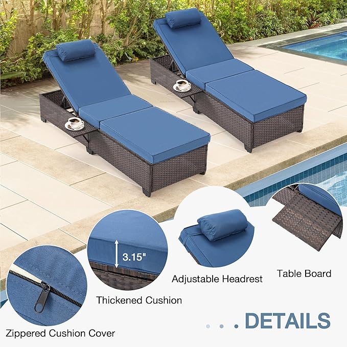 HOMREST PE Wicker Chaise Lounge Chairs Set of 6,Adjustable 5 Position Outside Rattanr Patio Pool Chair with Headrest,Cushion and Storage Rack for Poolside Backyard Porch,Khaki (Blue)
