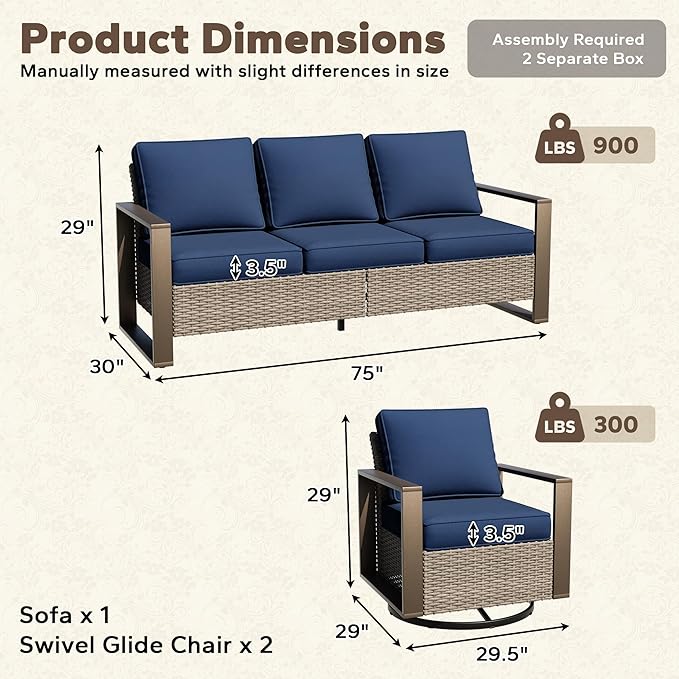 Wicker Patio 75" Sofa Set with 2 Swivel Chairs - Photo 3