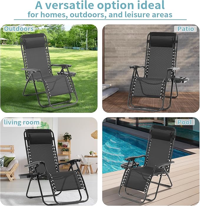 Zero Gravity Chair Set of 2, Folding Reclining Zero Gravity Recliner Lounge Chair 330lbs with Pillow and Cup Holder Trays, Steel Mesh Outdoor recliners for Patio Poolside Backyard Beach (Black)