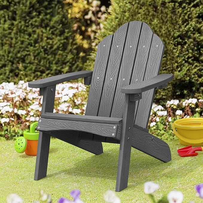 LUE BONA Kids Adirondack Chair, Gray Poly Lumber Plastic Chair, Toddler Adirondack Chair Weather Resistant, Kids Outdoor Patio Adirondack Lounge Chair for Balcony, Backyard, Preschool