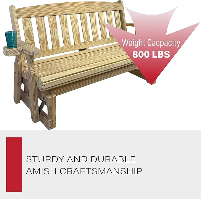 Amish OUTLET STORE Heavy Duty 800 Lb Mission Pressure Treated Porch Glider with Cupholders (5 Foot, Unfinished)
