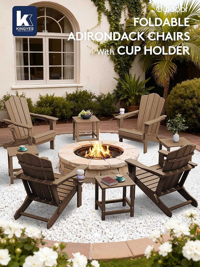 KINGYES Folding Adirondack Chair Set of 4, HDPE All-Weather Patio Chairs with Cup Holder, Wooden Textured Fire Pit Chairs for Poolside, Backyard, Deck, Brown