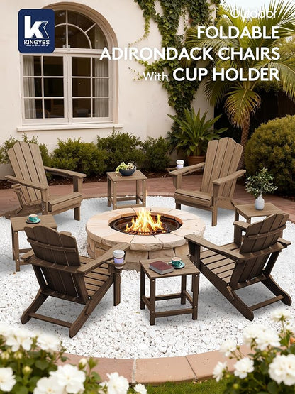 KINGYES Folding Adirondack Chair Set of 2, HDPE All-Weather Patio Chairs with Cup Holder, Wooden Textured Fire Pit Chairs for Poolside, Backyard, Deck, Brown