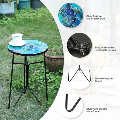 VCUTEKA Patio Side Table Outdoor Accent Table Bistro Coffee Table Plant End Table Small Porch Table Indoor Round Glass Balcony Plant Table Stands Sea Turtle 12''