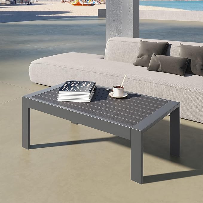 All-Weather Aluminum Outdoor Coffee Table, Modern Rectangle Patio Coffee Table for Balcony Garden, Deep Grey
