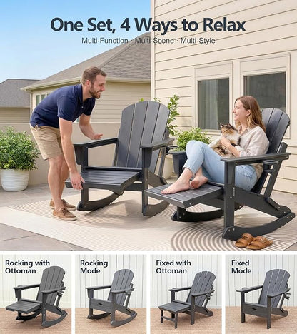 PASAMIC Adirondack Rocking Chairs Set of 2, Foldable All-Weather HDPE Patio Rockers with Retractable Ottoman & Cup Holder, Outdoor Chairs for Porch Backyard Pool Garden Balcony, Gray