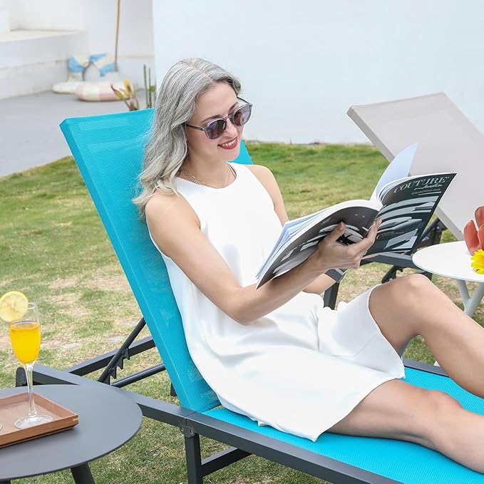 Aluminum Chaise Lounge Chair Outdoor, Foldable Patio Lounge Chair 2 Sets with Table Assemble-Free - Photo 3