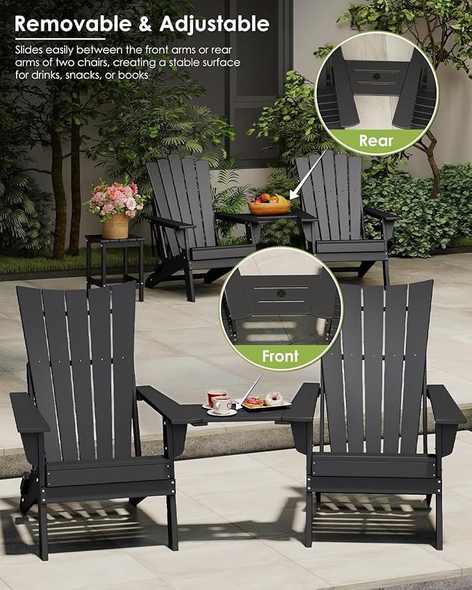 GREENVINES Folding-Adirondack-Chairs-Set-of-2 | HDPE Plastic | Arch Series | Fire Pit Chair | with Connecting Tray | Removable Table | All Weather | for Outdoor Patio Deck Poolside | Black