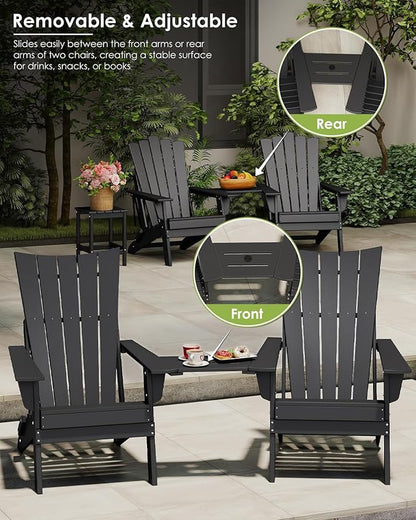 GREENVINES Folding-Adirondack-Chairs-Set-of-2 | HDPE Plastic | Arch Series | Fire Pit Chair | with Connecting Tray | Removable Table | All Weather | for Outdoor Patio Deck Poolside | Black