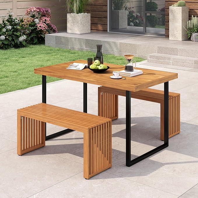 RELAX4LIFE 2-Person Wooden Outdoor Bench - 36’’ Acacia Wood Backless Patio Garden Bench w/Slatted Seat, Indoor Outside Dining Loveseat Furniture for Entryway Park Porch, 800LBS Weight Capacity (2)