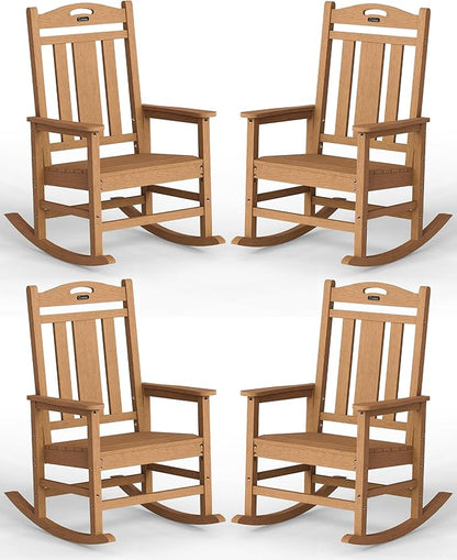 Ciokea Oversized Outdoor Rocking Chairs Set of 4, 380lbs Heavy-Duty Large Patio Rocker, High Back Cozy Porch Chairs, Weather Resistant Patio Rocking Chairs for Outside, Fire Pit, Deck, Teak