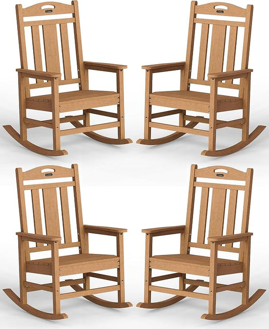 Ciokea Oversized Outdoor Rocking Chairs Set of 4, 380lbs Heavy-Duty Large Patio Rocker, High Back Cozy Porch Chairs, Weather Resistant Patio Rocking Chairs for Outside, Fire Pit, Deck, Teak
