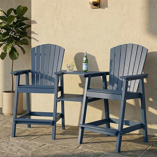 Kingdura Upgraded Tall Adirondack Chairs Set of 2, Weather Resistant HDPE Bar Height Outdoor Stools with Removable Double Connecting Trays, Wooden Grain for Patio, Balcony, Deck (Navy Blue)