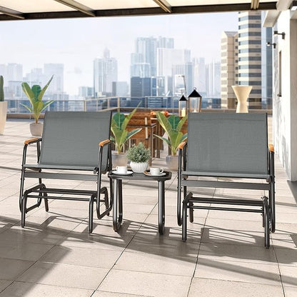 YITAHOME 3 Piece Patio Furniture Set, Outdoor Glider Chair Bistro Set, Coffee Table with Tempered Glass Tabletop, Patio Textilene Chairs Set of 2 for Backyard, Lawn, Garden, Balcony and Porch, Grey
