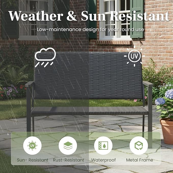 AECOJOY Outdoor Garden Bench, Weatherproof Wicker Outside Benches Clearance, Black Patio Loveseat with Backrest Armrests for Lawn Yard Porch Work Entryway (Black Rattan Back)