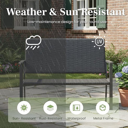 AECOJOY Outdoor Garden Bench, Weatherproof Wicker Outside Benches Clearance, Black Patio Loveseat with Backrest Armrests for Lawn Yard Porch Work Entryway (Black Rattan Back)