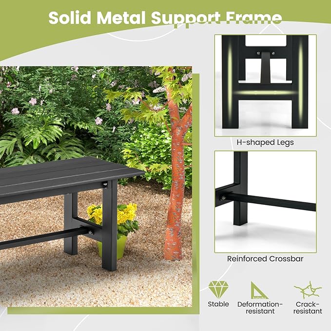 Tangkula 47 Inch HDPE Outdoor Bench Backless, Patio Garden Dining Bench with Slatted Seat & Heavy-duty Metal Frame, 660 LBS Capacity, Weatherproof Outside Bench for Park, Yard, Entryway & Porch, Black