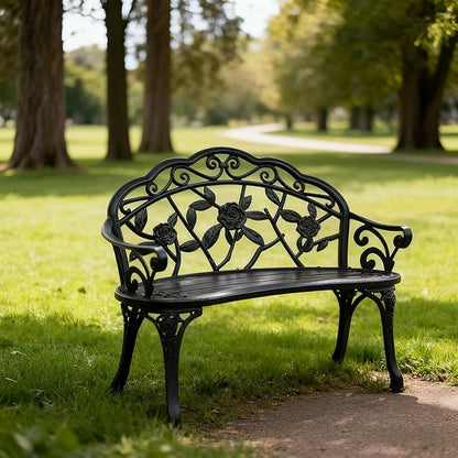 38.5" Outdoor Bench,Metal Outside Benches for Garden,Patio,Front Porch, Park, Yard, with Armrest and Backrest,Weather Resistant,Aluminum Seat,Iron Legs,Support up to 300lbs,Black