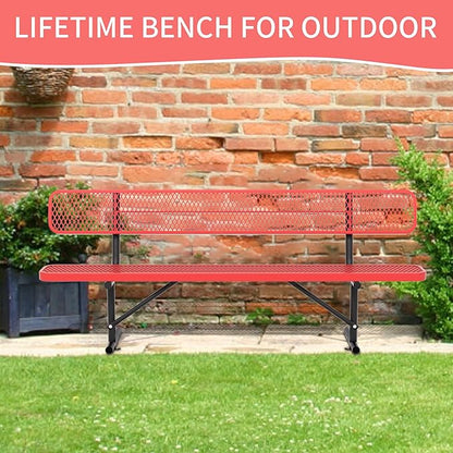 8 Ft Metal Park Bench for Outside, All-Weather Thermoplastic Coating Outdoor Bench with Backrest, Commercial Heavy Duty Benches for Shopping Malls, Stores, Parks, Patios, Decks,Red