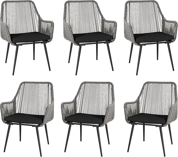 Patio Dining Chairs, Outdoor Dining Chairs with Armrest and Cushion Set of 6, Woven Twisted Wicker Rattan Chair, Modern Indoor Outdoor Seating for Garden, Lawn, Backyard, Grey