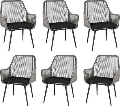 Patio Dining Chairs, Outdoor Dining Chairs with Armrest and Cushion Set of 6, Woven Twisted Wicker Rattan Chair, Modern Indoor Outdoor Seating for Garden, Lawn, Backyard, Grey