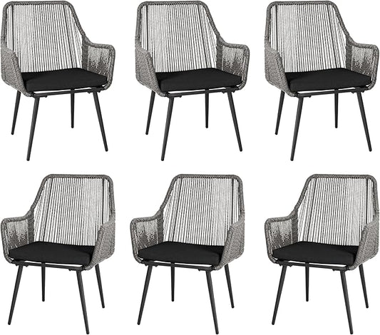 Patio Dining Chairs, Outdoor Dining Chairs with Armrest and Cushion Set of 6, Woven Twisted Wicker Rattan Chair, Modern Indoor Outdoor Seating for Garden, Lawn, Backyard, Grey