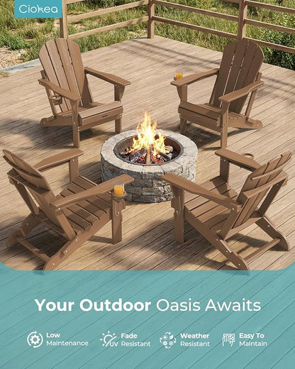 Ciokea Folding Adirondack Chair Wood Texture, Patio Adirondack Chair Weather Resistant, Plastic Fire Pit Chair with Cup Holder, Lawn Chair for Outdoor Porch Garden Backyard Deck (Teak)