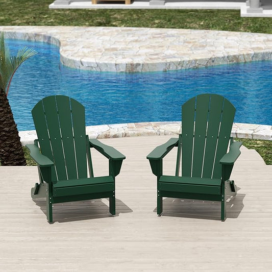 Costaelm Folding Patio Chairs Set of 2, Hdpe Adirondack Chairs Front Porch Furniture Outdoor Seating, All Weather Tanning Chair for Backyard Firepit Garden Lawn, Dark Green