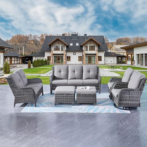 Rilyson Wicker Patio Furniture Set - 6 Piece Rattan Outdoor Sectional Conversation Sets with 2 Rocking Swivel Chairs - Photo 1