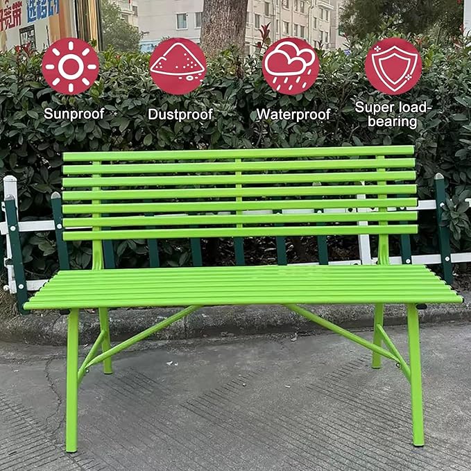 Metal Outdoor Patio Bench, Heavy-Duty 2-Person Garden Seat with Slatted Backrest, All-Weather Powder-Coated for Porch, Backyard, Park – 660lbs Capacity (Orange)