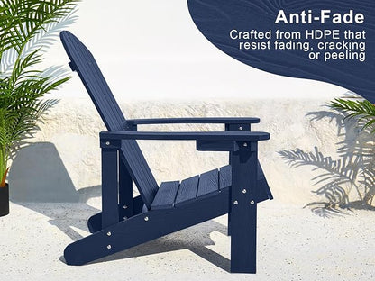 Y&M Adirondack Chair, Navy Blue Fire Pit Chairs, Outdoor Patio Chairs with Cup Holder, Weather Resistant HDPE Wooden Textured Patio Chairs, Perfect for Garden, Lawn, Deck, or Poolside