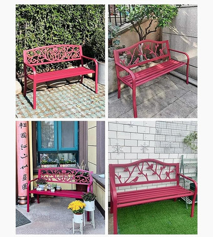 51.18" Outdoor Bench with Flower Pattern Backrest & Arch Legs, Cast Iron Metal Garden Bench Sturdy Steel Frame Patio Bench Slatted Seat, for Work Entryway Park Porch Lawn Yard