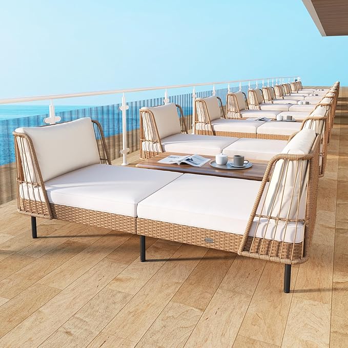 Tangkula Patio Rattan Daybed Set of 2, Boho Outdoor Wicker Lounge Sofa with Seat & Back Cushions - Photo 3