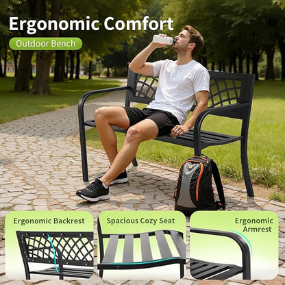 Garden Bench,Outdoor Benches,Iron Steel Frame Patio Bench with Mesh Pattern and Plastic Backrest Armrests for Lawn Yard Porch Work Entryway,Black