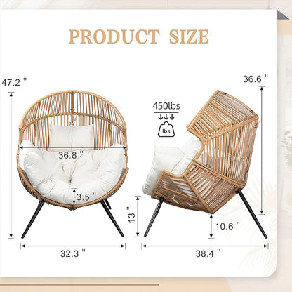 Vongrasig Outdoor Wicker Egg Chair PE Rattan Chair with Cushion, Oversized Patio Lounge Chair for Outdoor, Indoor, Balcony, Backyard, Garden, Beige