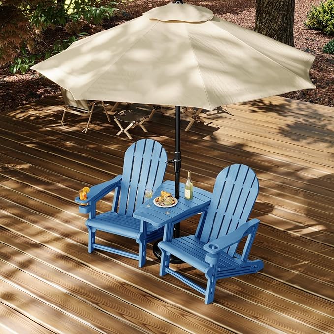Adirondack Chair Set of 2, All Weather HDPE Adirondack Chair with Double Connecting Trays, Plastic Adirondack Chairs for Balcony, Deck, Patio, Backyard, Garden, Blue