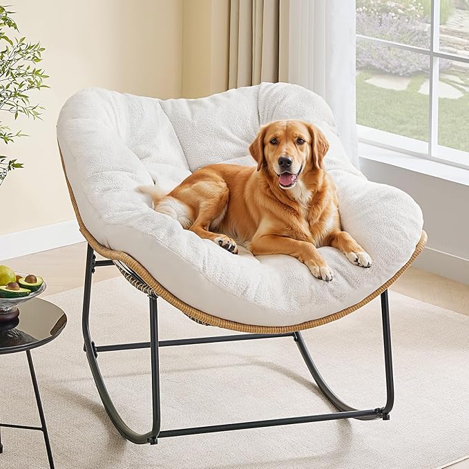 ONBRILL Outdoor Rocking Chairs, Oversized Papasan Rocking Chair Indoors with Padded Cushions, Rattan Wicker Lounge Chair for Living Room, Porch, Patio, Garden, White