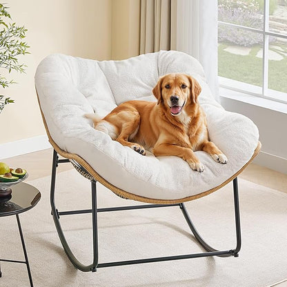 ONBRILL Outdoor Rocking Chairs, Oversized Papasan Rocking Chair Indoors with Padded Cushions, Rattan Wicker Lounge Chair for Living Room, Porch, Patio, Garden, White