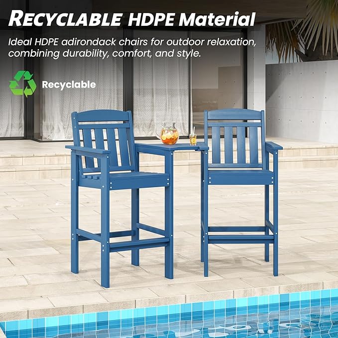 Soohow Tall Adirondack Chairs Set of 2, HDPE Adirondack Bar Stools with Connecting Tray, Bar Height Adirondack Chair Patio Barstool, Ideal All Weather Tall Patio Chair for Balcony, Poolside, Backyard