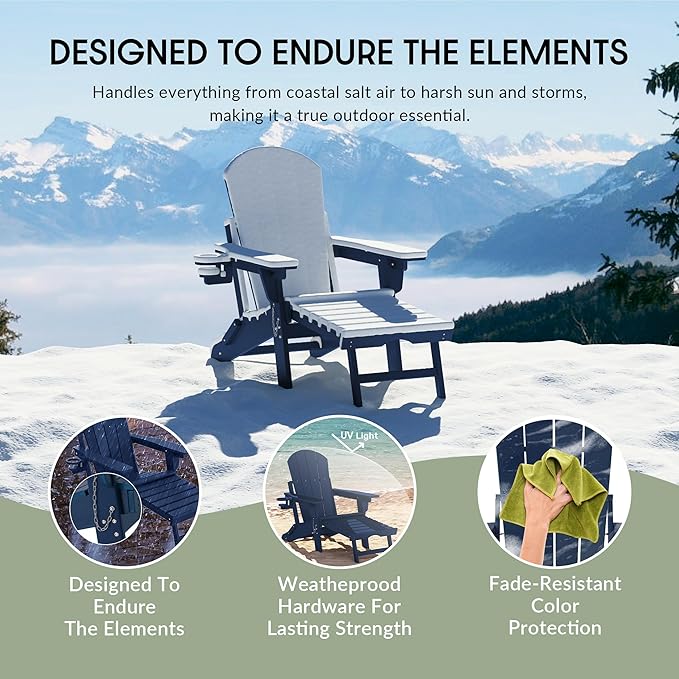 WestinTrends Malibu Folding Adjustable Adirondack Chair with Retractable Ottoman and Cup Holder, Navy Blue