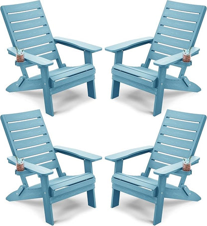 YEFU Adirondack Chair, Folding Adirondack Chairs Set of 4 with Arc Back & Cup Holder, Weather Resistant Plastic Oversized Chair for Outdoor Patio Lawn Garden Backyard Deck Fire Pit, Blue