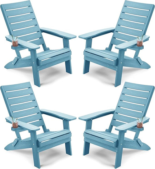 YEFU Adirondack Chair, Folding Adirondack Chairs Set of 4 with Arc Back & Cup Holder, Weather Resistant Plastic Oversized Chair for Outdoor Patio Lawn Garden Backyard Deck Fire Pit, Blue