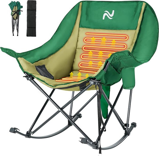 Slsy Oversized Heated Rocking Camping Chair for Adults, 400 lbs Heavy Duty Padded Recliner with Side Pocket, Cup Holder & Carry Bag, Foldable Outdoor Lawn Chair for Patio, Backyard, or Camp