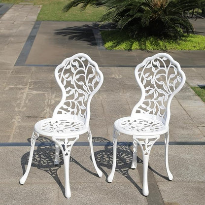 KAILI Rose Garden Cast Aluminum Bistro Chairs, Decorative Outdoor Patio Seating, Set of 2, White and Black (Leaf Chair White)