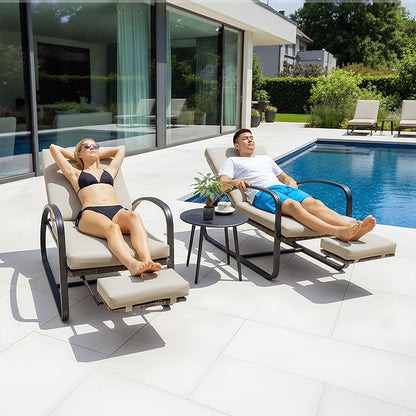 3 Piece Patio Furniture Set, Modern Patio Chaise Lounge Chairs, 5-Position Adjustable Bistro Set Balcony Furniture, Metal Patio Chairs with Coffee Table, Pool Lounge Chair for Deck, Khaki