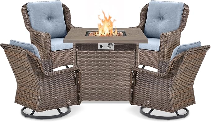 Outdoor Patio Swivel Gliders with Fire Pit Table 5 Piece Set - High Back Brown Wicker Rattan Rocking Chair with Thick - Photo 1