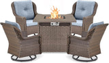 Outdoor Patio Swivel Gliders with Fire Pit Table 5 Piece Set - High Back Brown Wicker Rattan Rocking Chair with Thick - Photo 1
